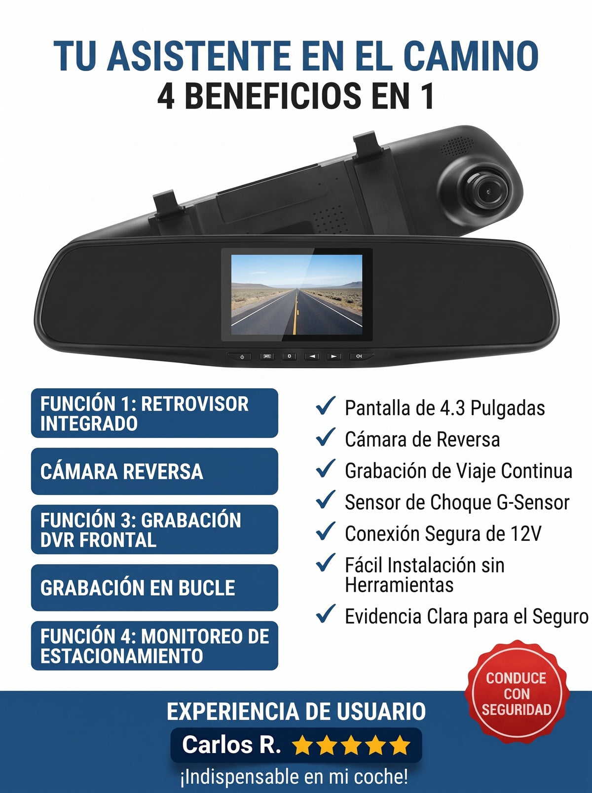 Cámara DVR para Auto 2 en 1 con Espejo Retrovisor